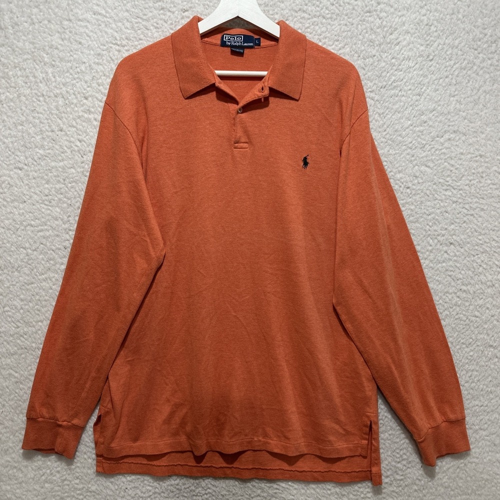 Polo Ralph Lauren Men's Size L Polo Shirt Long Sleeve Cotton‎ Knit Orange Logo